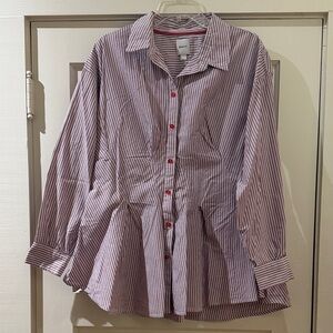 Maeve Striped Button-Up Shirt with Red Accents